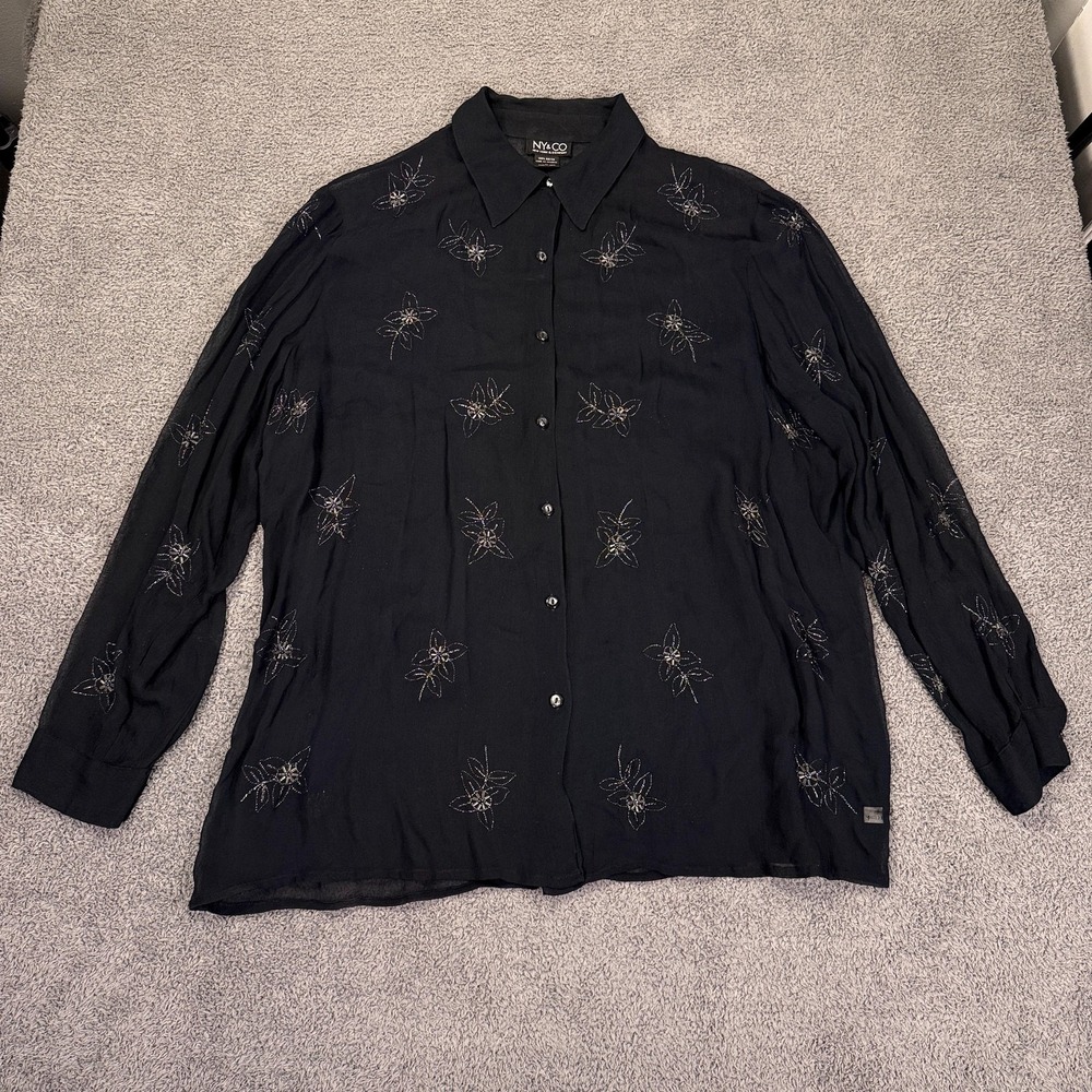 NY&CO Shirt Womens Large Black Whimsigoth Witchy Beaded Ultra Sheer Y2K Fairy